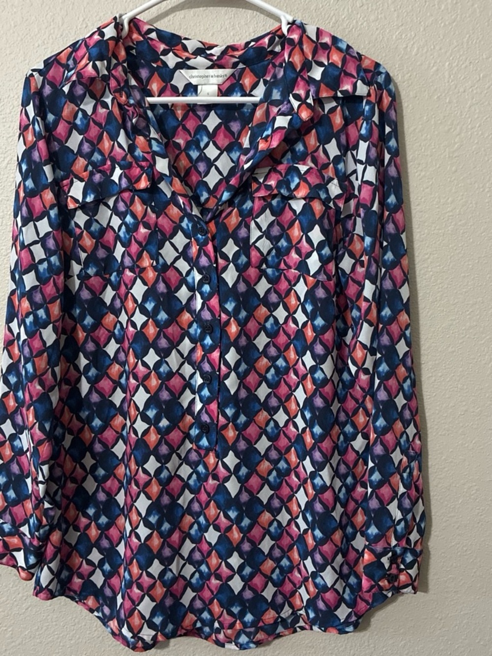 Christopher & Banks Pink Navy White Geometric Button-Down Shirt